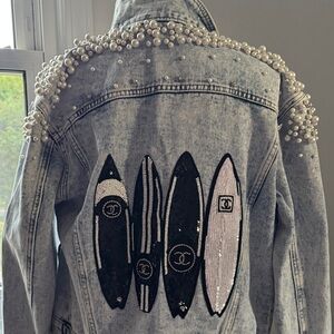 Designer Inspired Pearl Embellished Denim Jacket